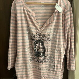 Lane Bryant Striped Pink and Gray Graphic Tee